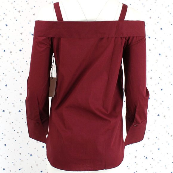 Burgundy Strap Off the Shoulder Button Up Shirt Top - Picture 4 of 8